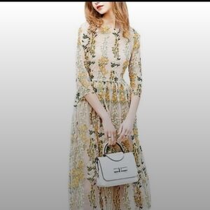 Metisu Yellow Mesh Floral Embroidered Midi Dress